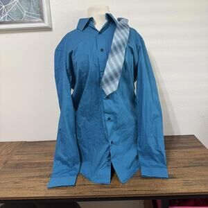 Bespoke Men's Blue Long Sleeve Button-Up Shirt w/ Tie Size 34/35